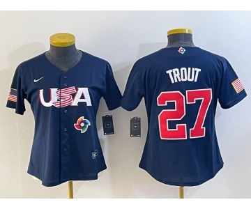 Women's USA Baseball #27 Mike Trout Number 2023 Navy World Classic Stitched Jersey2