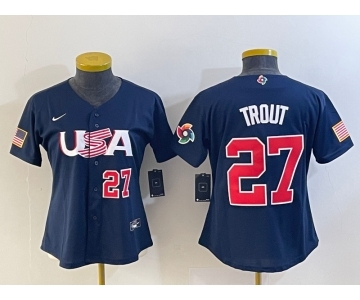 Women's USA Baseball #27 Mike Trout Number 2023 Navy World Classic Stitched Jersey