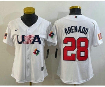 Women's USA Baseball #28 Nolan Arenado 2023 White World Classic Replica Stitched Jersey