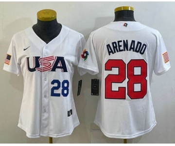 Women's USA Baseball #28 Nolan Arenado Number 2023 White World Classic Replica Stitched Jerseys