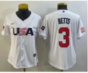 Women's USA Baseball #3 Mookie Betts 2023 White World Classic Replica Stitched Jersey