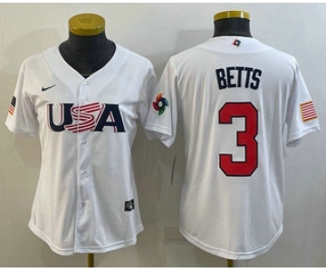 Women's USA Baseball #3 Mookie Betts 2023 White World Classic Replica Stitched Jersey