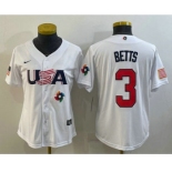 Women's USA Baseball #3 Mookie Betts 2023 White World Classic Replica Stitched Jerseys