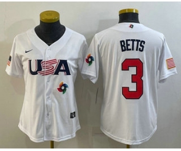 Women's USA Baseball #3 Mookie Betts 2023 White World Classic Replica Stitched Jerseys