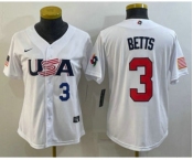 Women's USA Baseball #3 Mookie Betts Number 2023 White World Classic Replica Stitched Jersey