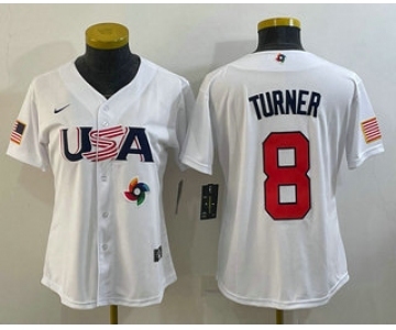 Women's USA Baseball #8 Trea Turner 2023 White World Classic Stitched Jersey