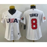 Women's USA Baseball #8 Trea Turner 2023 White World Classic Stitched Jerseys