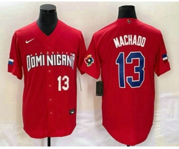 Mens Dominican Republic Baseball #13 Manny Machado Number 2023 Red World Classic Stitched Jersey