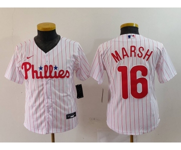 Youth Philadelphia Phillies #16 Brandon Marsh White Pinstripe Stitched Cool Base Jersey