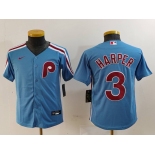 Youth Philadelphia Phillies #3 Bryce Harper Light Blue Cooperstown Cool Base Jersey