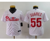 Youth Philadelphia Phillies #55 Alec Bohm White Pinstripe Stitched Cool Base Jersey