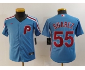 Youth Philadelphia Phillies #55 Ranger Suarez Light Blue Cooperstown Cool Base Jersey