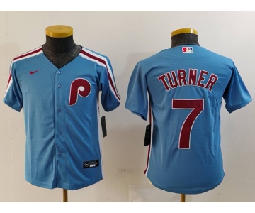 Youth Philadelphia Phillies #7 Trea Turner Light Blue Cooperstown Cool Base Jersey