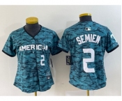 Women's Texas Rangers #2 Marcus Semien Number Teal 2023 All Star Stitched Baseball Jersey