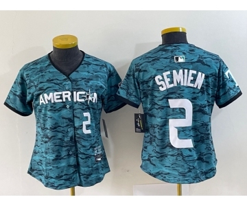 Women's Texas Rangers #2 Marcus Semien Number Teal 2023 All Star Stitched Baseball Jersey