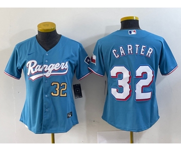 Women's Texas Rangers #32 Evan Carter Light Blue Team Logo Cool Base Jerseys