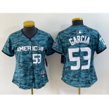 Women's Texas Rangers #53 Adolis Garcia Number Teal 2023 All Star Stitched Baseball Jersey