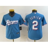 Youth Texas Rangers #2 Marcus Semien Light Blue Team Logo Cool Base Jersey