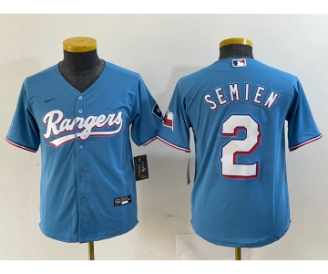 Youth Texas Rangers #2 Marcus Semien Light Blue Team Logo Cool Base Jersey