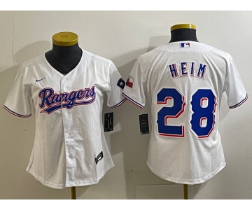 Youth Texas Rangers #28 Jonah Heim White 2023 World Series Champions Cool Base Jersey