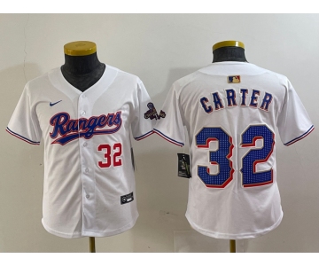 Youth Texas Rangers #32 Evan Carter Number White 2024 Gold Collection Limited Cool Base Jersey