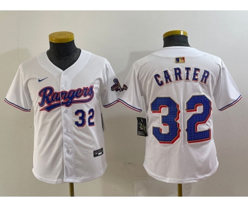 Youth Texas Rangers #32 Evan Carter Number White 2024 Gold Collection Limited Cool Base Jerseys