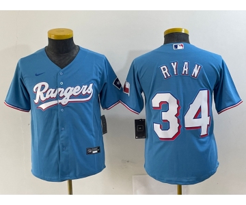 Youth Texas Rangers #34 Nolan Ryan Light Blue Team Logo Cool Base Jersey