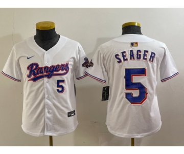 Youth Texas Rangers #5 Corey Seager Number White 2024 Gold Collection Limited Cool Base Jersey