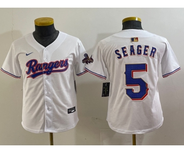 Youth Texas Rangers #5 Corey Seager White 2024 Gold Collection Limited Cool Base Jersey