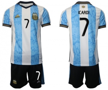 Men's Argentina #7 Icardi White Blue Home Soccer Jersey Suit