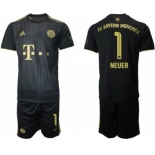 Men's FC Bayern München #1 Neuer Black Away Soccer Jersey with Shorts