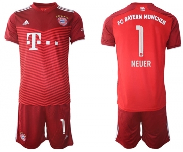 Men's FC Bayern München #1 Neuer Red Home Soccer Jersey with Shorts