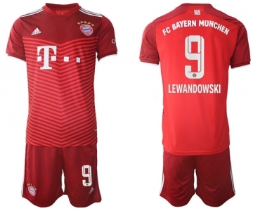 Men's FC Bayern München #9 Robert Lewandowski Red Home Soccer Jersey with Shorts