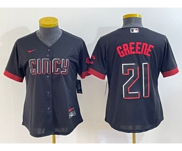 Women's Cincinnati Reds #21 Hunter Greene Black 2023 City Connect Cool Base Stitched Jersey1