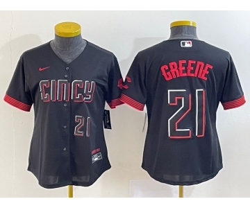 Women's Cincinnati Reds #21 Hunter Greene Number Black 2023 City Connect Cool Base Stitched Jersey1