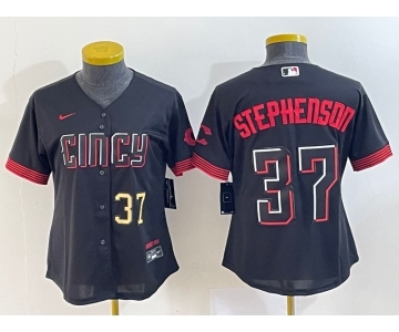 Women's Cincinnati Reds #37 Tyler Stephenson Number Black 2023 City Connect Cool Base Stitched Jersey1