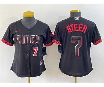 Women's Cincinnati Reds #7 Spencer Steer Numer Black 2023 City Connect Cool Base Stitched Baseball Jersey1