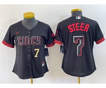 Women's Cincinnati Reds #7 Spencer Steer Numer Black 2023 City Connect Cool Base Stitched Baseball Jersey