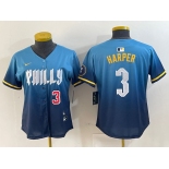 Women's Philadelphia Phillies #3 Bryce Harper Number Blue 2024 City Connect Limited Stitched Jersey