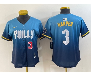 Women's Philadelphia Phillies #3 Bryce Harper Number Blue 2024 City Connect Limited Stitched Jersey