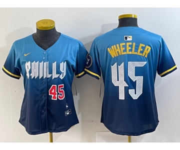 Women's Philadelphia Phillies #45 Zack Wheeler Blue 2024 City Player Number Cool Base Stitched Jerseys