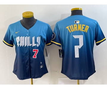 Women's Philadelphia Phillies #7 Trea Turner Number Blue 2024 City Connect Limited Stitched Jersey