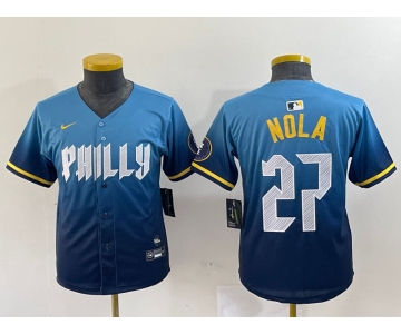 Youth Philadelphia Phillies #27 Aaron Nola Blue 2024 City Connect Limited Stitched Jersey