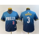 Youth Philadelphia Phillies #3 Bryce Harper Number Blue 2024 City Connect Limited Stitched Jersey