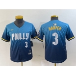 Youth Philadelphia Phillies #3 Bryce Harper Number Blue 2024 City Connect Limited Stitched Jerseys