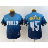 Youth Philadelphia Phillies #45 Zack Wheeler Blue 2024 City Cool Base Stitched Jersey