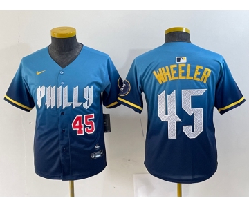 Youth Philadelphia Phillies #45 Zack Wheeler Blue 2024 City Player Number Cool Base Stitched Jerseys