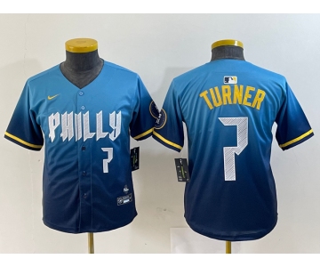 Youth Philadelphia Phillies #7 Trea Turner Number Blue 2024 City Connect Limited Stitched Jerseys