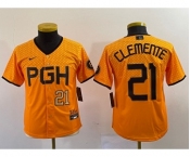 Youth Pittsburgh Pirates #21 Roberto Clemente Number Yellow 2023 City Connect Stitched Jersey1