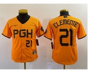 Youth Pittsburgh Pirates #21 Roberto Clemente Number Yellow 2023 City Connect Stitched Jersey2